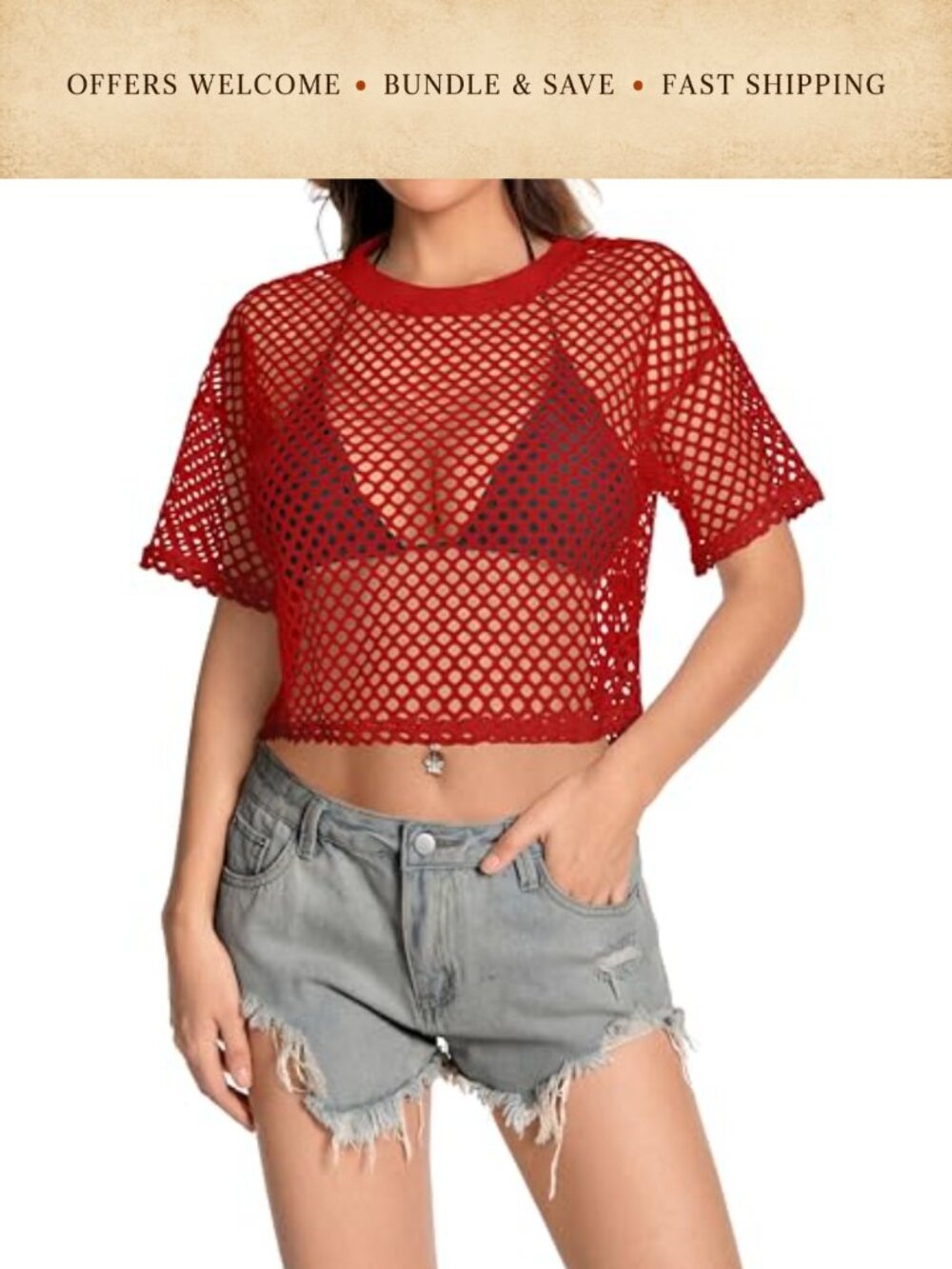 Women's Mesh Fishnet Crop Top Short Sleeve Sheer Loose Fit Cover-Up